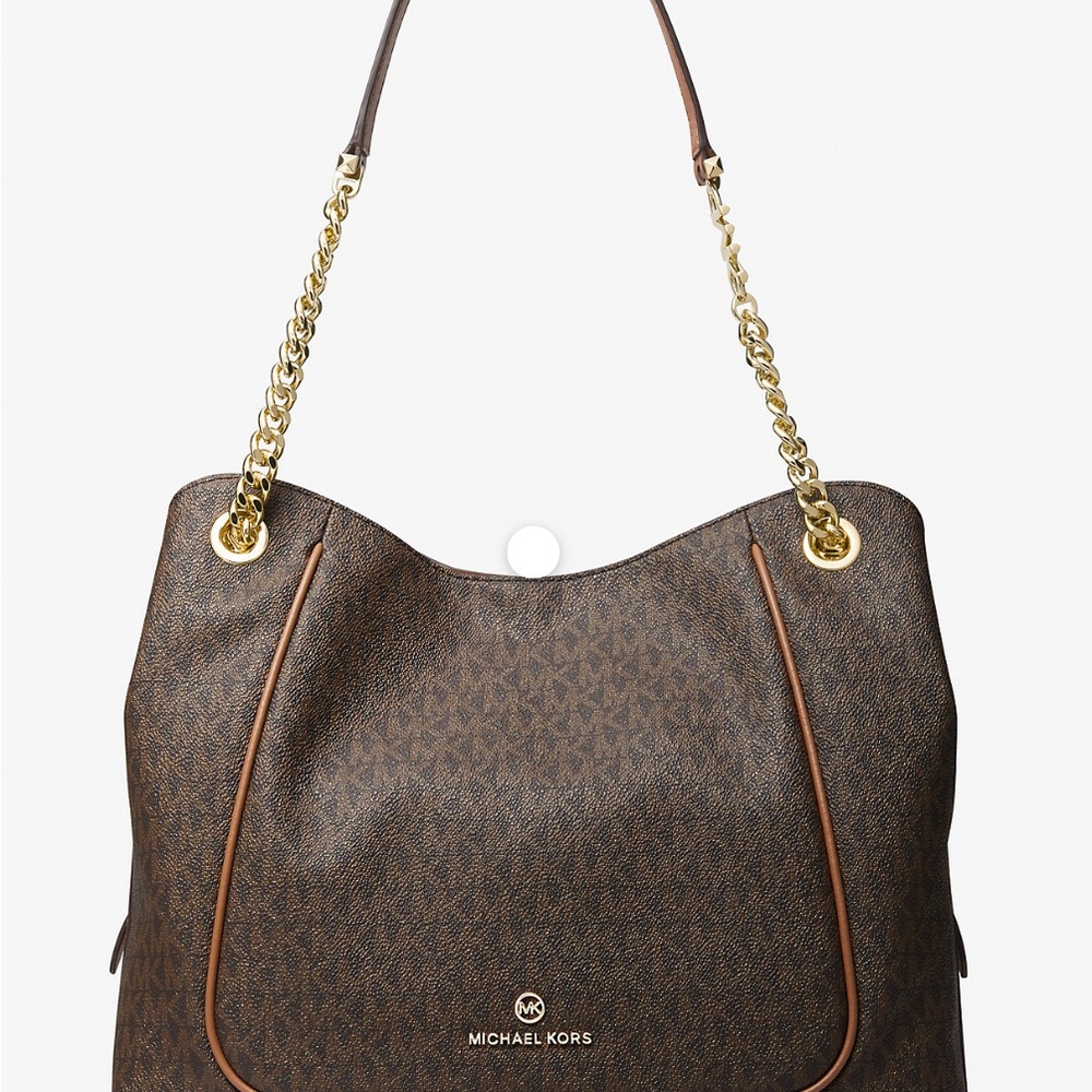 Michael Kors Piper Large Logo Dark Brown Shoulder Bag with Gold Chain